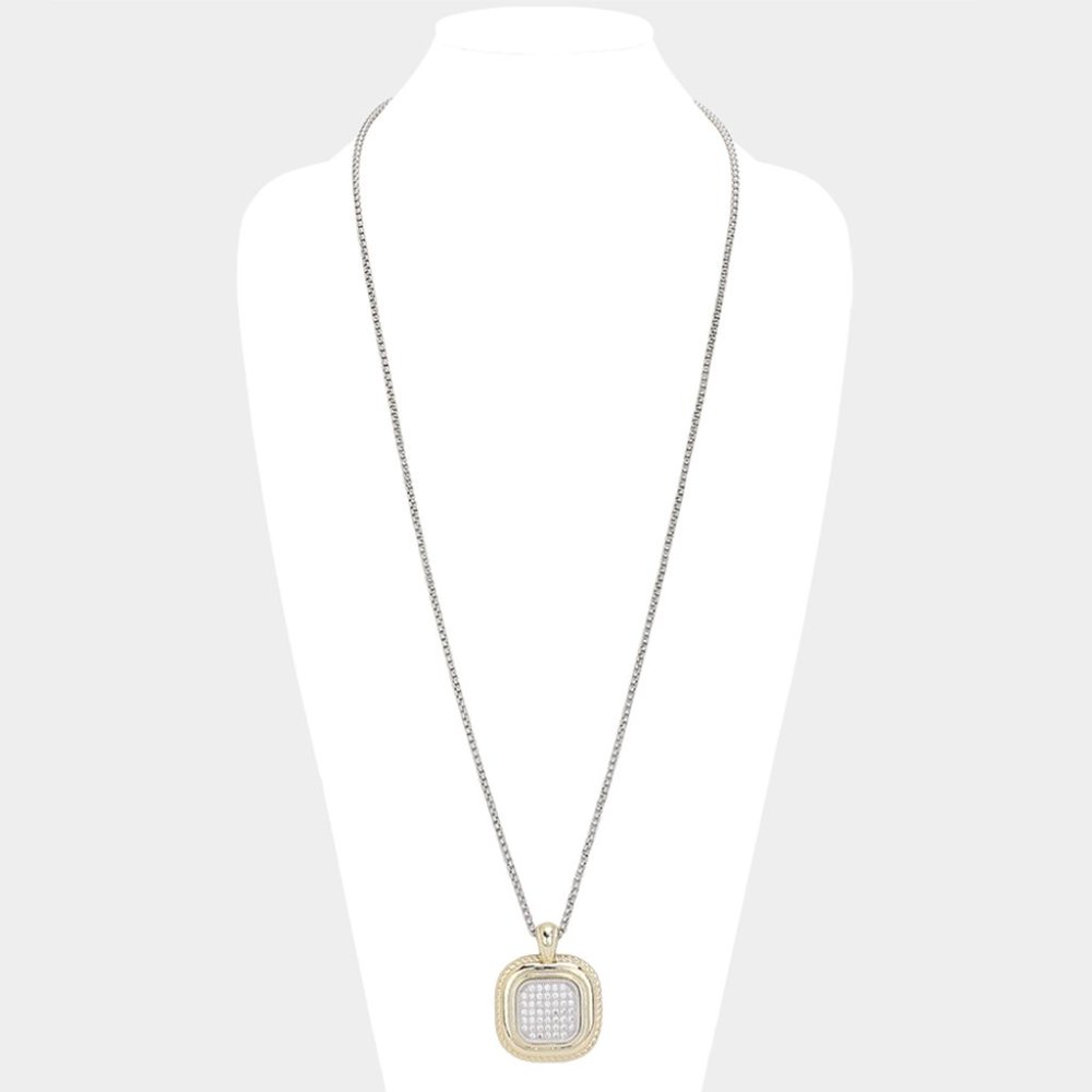 Two Tone Square  Albion Style Pendant Necklace: 14K Gold Plated with CZ Stones